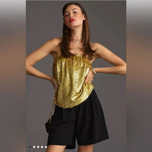 ANTHROPOLOGIE SM Gold Sequin Tube Top Elastic Sparkle Disco Holiday Party Glam